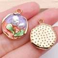 French vintage enamel floral pendant with white baroque pearls and golden metal finish - Purple Two-Tone Flower Pendant-21171