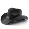 Black western cowboy hat with woven texture, leather band and metal bull head emblem - M (56-58cm) / Black