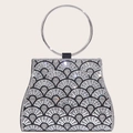 Sparkling silver diamond evening clutch bag with circular metal handle and fan-shaped patterns - Black