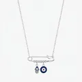 S925 sterling silver paperclip necklace with blue Hamsa hand and evil eye charms - 925 Sterling Silver