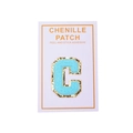 Detail of light blue chenille letter C patch with gold sequins and peel-off adhesive - Light Blue Letter C