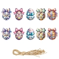 Set of 10 Easter egg tags with floral patterns, colorful ribbons, and natural jute twine - 10pcs Easter Egg Tags Set With Hemp Rope