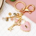 Pink heart lock and crystal bead keychain with golden lobster clasp and rhinestone key charm - Pink Clover Heart Lock
