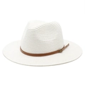 Weißer Panama-Strohhut mit flacher Krempe und braunem Lederband für Sonnenschutz - M (56-58cm) / Weiß