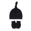 Solid black newborn baby knotted hat and mittens set in soft knitted cotton fabric - One Size / Black