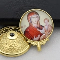 Detailed close-up of golden metal religious ornament featuring Madonna and Child icon - Gold-5 (Gold Virgin Mary & Child)