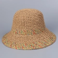 Close-up detail of handmade crochet sun hat featuring vibrant colorful woven brim - M (56-58cm) / Khaki