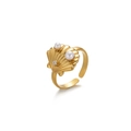 Elegant gold shell-shaped open ring with pearls and clear gemstone on white background - Shell Artificial Pearl Rhinestone Style (JZ7219G)