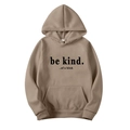 Khaki oversized hoodie featuring black 'be kind' letter print and comfortable hood design - S / Khaki