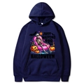 Dunkelblauer Halloween-Hoodie mit Totenkopf- und Kürbis-Prints und Kängurutasche - S / Marineblau