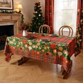 Red plaid Christmas tablecloth with holly patterns and festive pine wreaths decor - Christmas Plaid Fruit