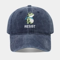 Detailed close-up of green frog embroidery and RESIST text on navy washed cotton cap - Adjustable / Navy Blue