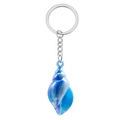 Close-up of blue gradient conch shell keychain with polished metal ring and chain - Blue