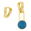 Asymmetric gold earrings with heart rhinestone and evil eye bead charm on white background - Navy Blue