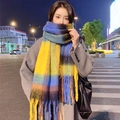 Winter mohair plaid scarf in yellow blue and brown with soft fringe tassels worn by model - Yellow Blue Coffee Plaid
