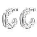 Close-up of silver C-shaped titanium earrings with inlaid white pearls on white background - Steel Color Pearl