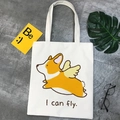 White canvas tote bag with flying corgi print and 'I can fly' text for women - Corgi with Wings