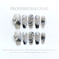 Gray-black gradient press-on nails with white flowers and luxury rhinestones - Extra Small (XS) / 1157-secret Realm