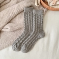 Classic grey cable knit mid-calf cashmere socks for women in soft winter fabric - One Size / Gray