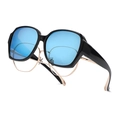 Polarized fitover sunglasses with blue mirror lenses worn over metallic optical frames - Glossy Black Frame Ice Blue Lens