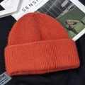Orange thick knit beanie for women featuring a fuzzy rabbit fur texture and fold-over cuff - M (56-58cm) / Brick Red