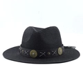 Close-up of black bohemian straw fedora with vintage brass studded leather band - Black