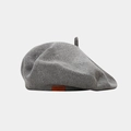 Detail of grey knitted beret featuring a leather patch with LOVE STYLE 1986 text - M (56-58cm) / Gray