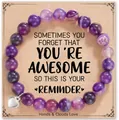 8mm purple zebra bead bracelet with heart charm on inspiring vintage greeting card - Purple Agate Heart Reminder With Card