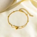 Bracciale a doppio strato in acciaio inossidabile dorato con perline e ciondolo a cuore - Catena di Perle a Doppio Strato Cuore di Pesca (E2037) / Oro