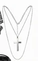 Collana a tre strati in metallo argento con un pendente a croce semplice e liscio - Collana a Croce a Doppio Strato