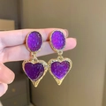 Vintage style gold earrings with purple heart charms and textured oval top - Oval Heart Stud / Purple