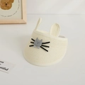 Visera de paja crema para niños con bordado de gato y orejas 3D para el verano - Blanco Crema