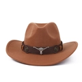 Detail of brown wool cowboy hat featuring a leather band and silver bull head ornament - Khaki (Brown Leather Band)