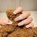 Nude pink coffin press-on nails with 3D bows, white French tips, and rhinestones - Nude Pink 3D Bow Style - Glue Version (D-29)