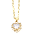 Elegant gold heart pendant necklace with center zircon and perimeter pearls on white - White