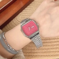 Orologio da donna in acciaio argento con quadrante quadrato rosa e data/ora - Cassa Argentata Quadrante Rosso Rosa