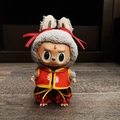Labubu plush doll in red lotus patterned Chinese vest and grey rabbit hood outfit - Nezha Universe Ring Set / First And Second Generation Keychains Are Compatible With La Cloth Dolls. Dolls Not Included.