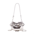 Mini silver lip shaped metal crossbody bag with stylish pearl bead chain strap - Lips Silver