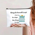 Detail of canvas makeup bag with blue hippo print and Always Be Yourself quote - Cartoon Hippo Humorous Style (125-3)