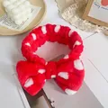 Plush red headband with white polka dots and a large bow for washing face - Red White Polka Dot