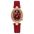 Dames kwartshorloge met ovale kast, rode leren band en roségouden strass lunette - Lychee Textuur / Ancorra Rood