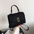 Black crocodile pattern handbag with gold metal clasp and single handle for women - Black