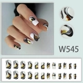 White minimalist press-on nails with black marble swirls and gold foil accents, model W545 - With Glue Style / White Base Black Gold Stripes (W545)