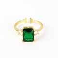 Macro view of emerald cut green stone and gold plating detail on adjustable open ring - Adjustable Open / Emerald Cut Green Gem Style(XJZ44)