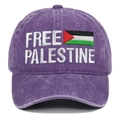 Detailed close-up of white Free Palestine embroidery on purple washed cotton baseball cap - Purple