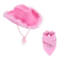 Cappello da cowboy rosa con piume e bandana coordinata set di accessori per feste - Set 2 Pezzi Piume Rosa