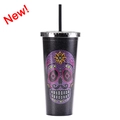 Black glitter tumbler with colorful rhinestone skull design and straw for Halloween - 700ml / Black Style D