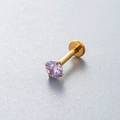 Titanium flat back stud earring with four-prong set round purple zircon gem - Gold - Purple Zirconia