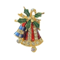 Exquisite gold Christmas bell brooch with red enamel leaves and shimmering rhinestones - Double Bells
