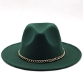 Detailed close-up of dark green wool fedora with decorative gold Cuban chain link - Dark Green
